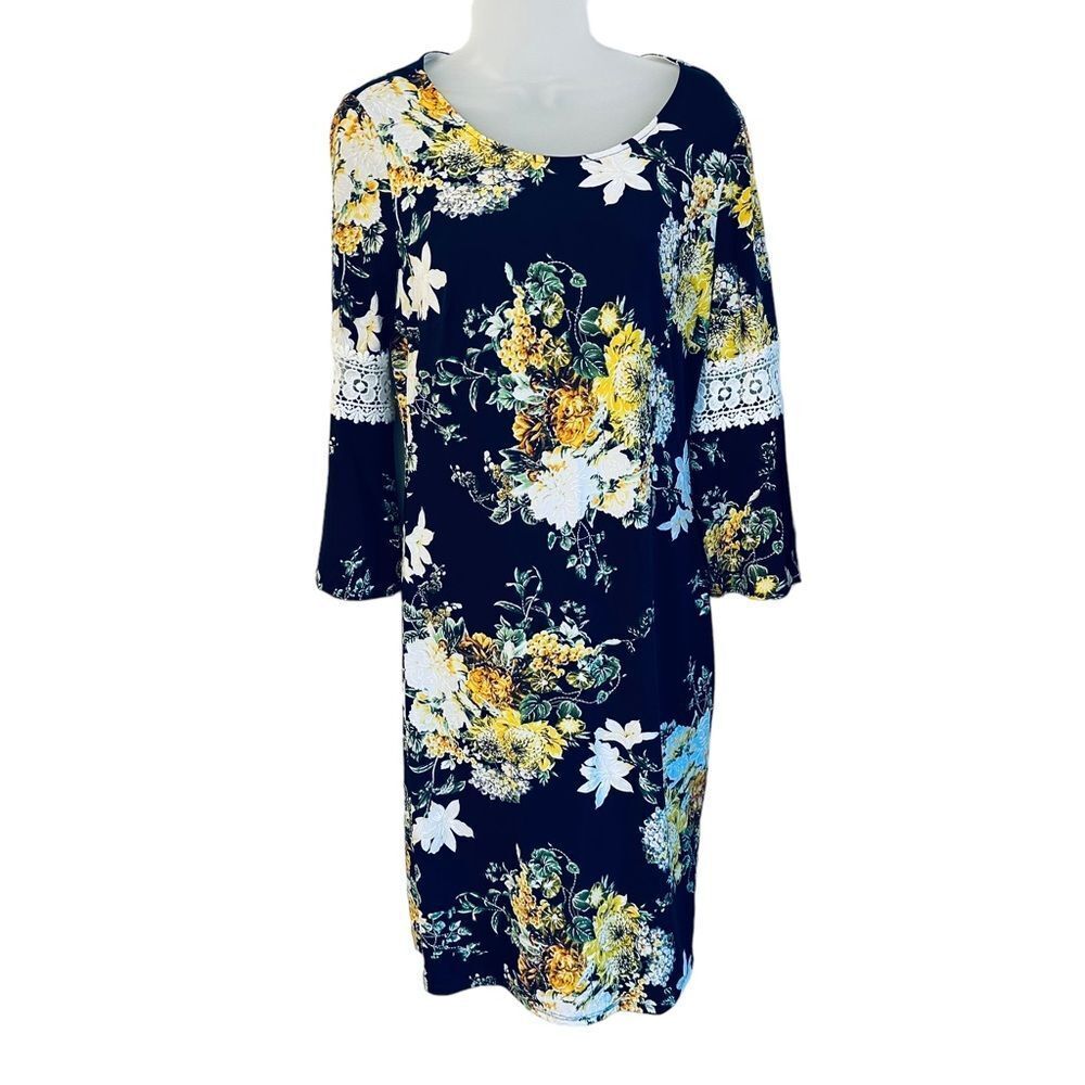 Navy Blue and Yellow Flowered Lace Arm Rounded Neckline Dress Sz 6